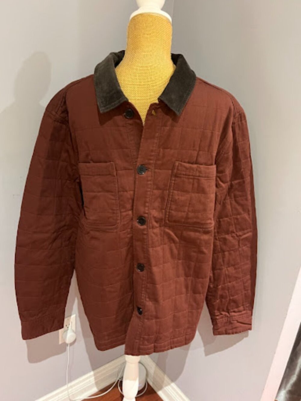 Frank And Oak Quilted Overshirt Corduroy Collar Rum Raisin Large